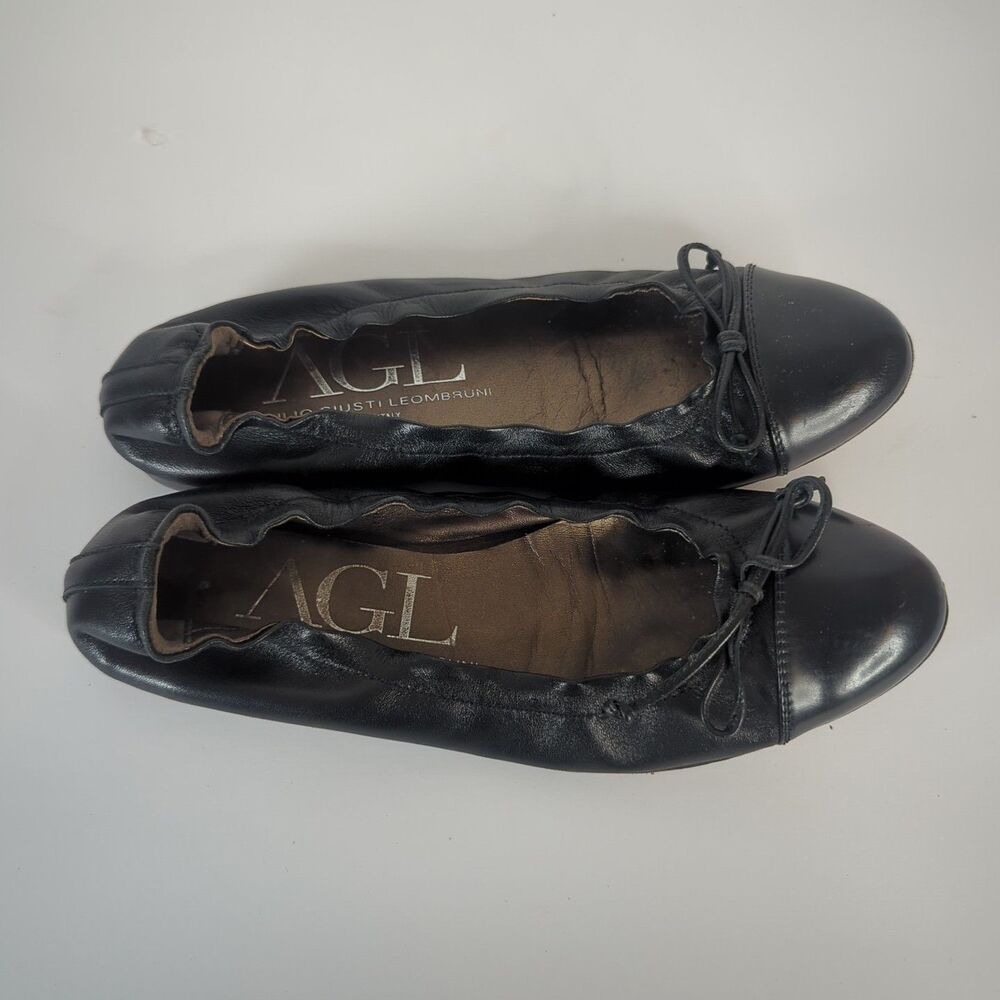 AGL Black Leather Ballet Flat Cap Toe Women Size 37.5 US 7 Bow Elastic Italy - Picture 10 of 10